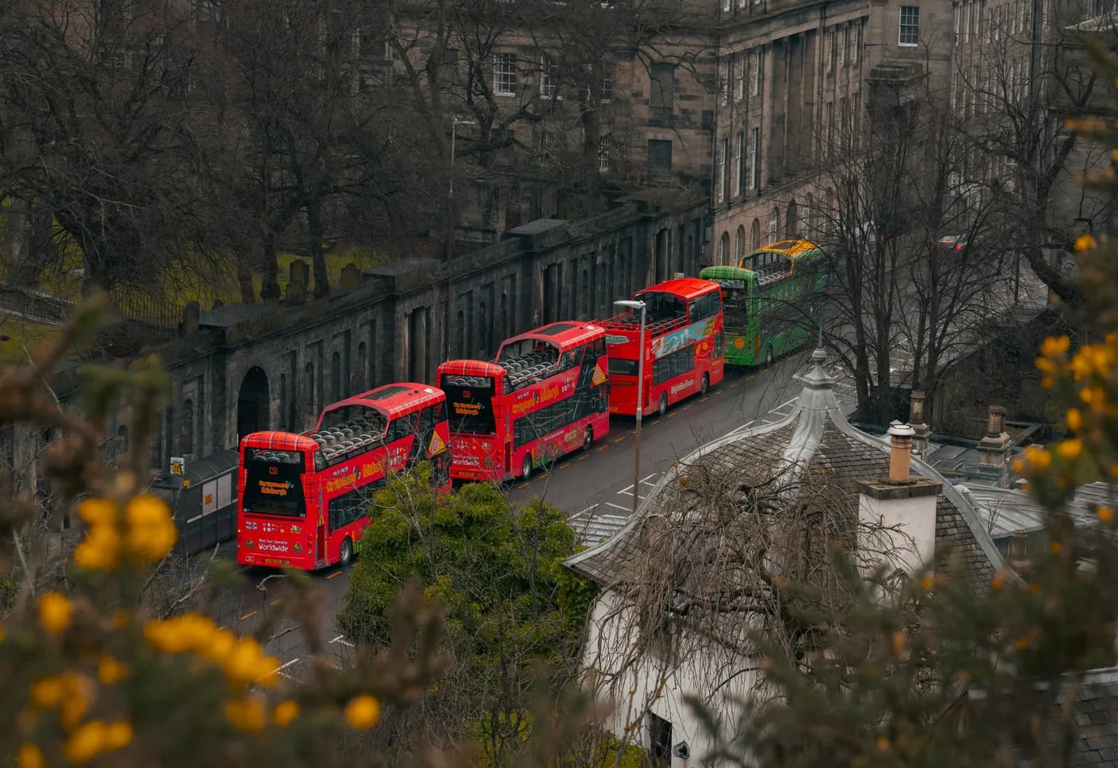 Vibrant double decker buses navigate an Edinburgh street, highlighting urban traffic.